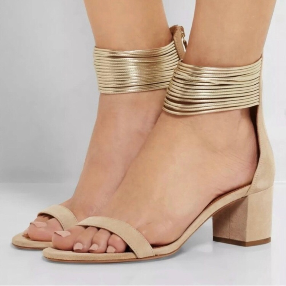 Aquazzura Spin Me Around Metallic Ankle Straps Suede Block Heel Sandals size 7